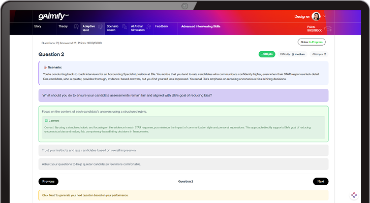 A screenshot capturing a moment of dynamic feedback with the gaimify hub's adaptive quizzes.
